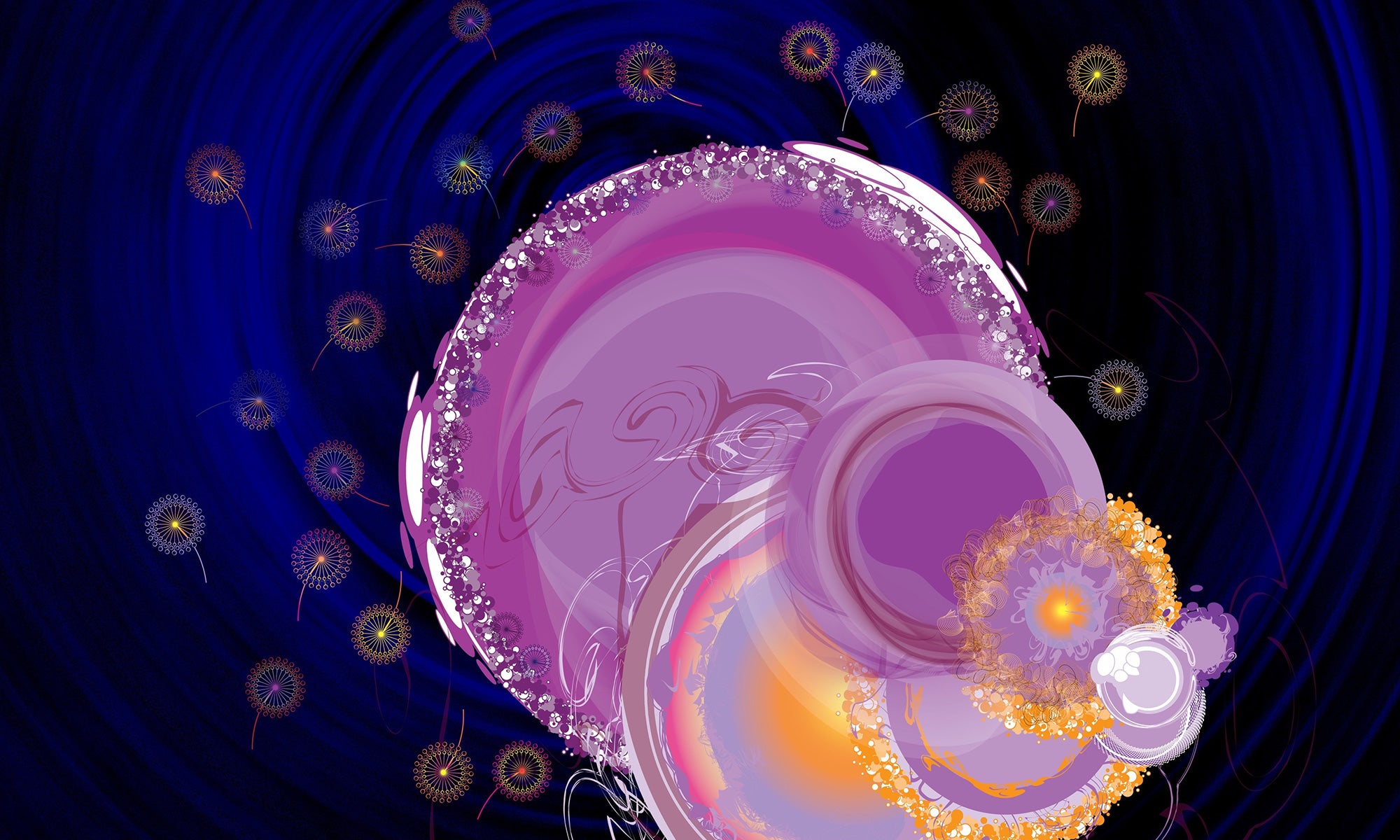 Overlapping purple circles with orange highlights represent bacterial swarms. Dandelion-like seeds float away representing the mutant bacteria pushed to the edges of swarms.